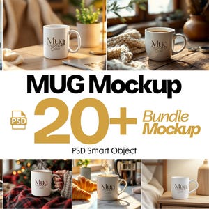 Könnte beinhalten: Eine Sammlung von über 20 Tassen-Mockups in verschiedenen Umgebungen, darunter ein gemütliches Wohnzimmer, eine sonnige Küche und ein warmes Schlafzimmer. Die Tassen sind weiß mit einem einfachen Design und dem Text "Mug Mockup" bedruckt. Der Text "PSD Smart Object" ist ebenfalls im Bild enthalten.