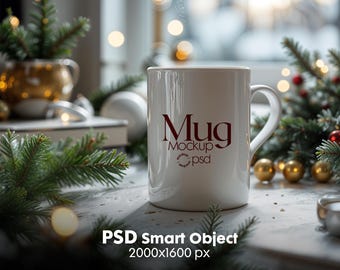May include: White ceramic mug with the text "Mug Mockup psd" in red lettering. The mug is sitting on a white surface with a Christmas tree branch and gold ornaments in the background.