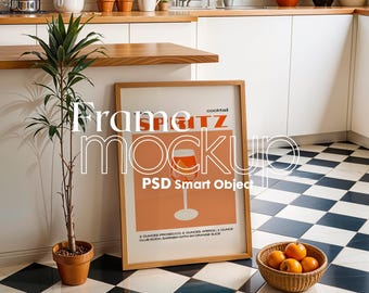 May include: A wooden frame mockup with a poster inside. The poster is peach colored with a glass of orange cocktail and the text "cocktail Spritz PSD Smart Object 3 ounces Prosecco, 2 ounces Aperol, 1 ounce Club Soda Garnish with an orange slice".