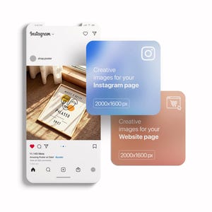 May include: A mockup of a phone screen displaying a social media post featuring a colourful abstract art print. The post is captioned "Amazing Poster on Sale! #poster". The phone screen is surrounded by two squares with text that reads "Creative images for your Instagram page 2000x1600 px" and "Creative images for your Website page 2000x1600 px".