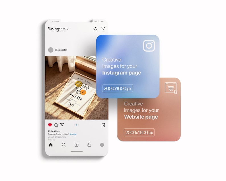 May include: A mockup of a phone screen displaying a social media post featuring a colourful abstract art print. The post is captioned "Amazing Poster on Sale! #poster". The phone screen is surrounded by two squares with text that reads "Creative images for your Instagram page 2000x1600 px" and "Creative images for your Website page 2000x1600 px".