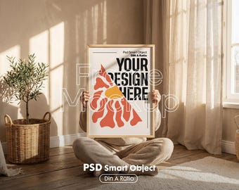 Mockup ramki DIN A w formacie PSD: grafika ścienna z postacią, inteligentny obiekt PSD (pobranie cyfrowe)