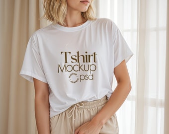 Mulher Camiseta Branca Mockup PSD, Gildan Camiseta Mockup PSD, Gildan 64000 Modelo Mockup PSD, Camisa Branca Mockup
