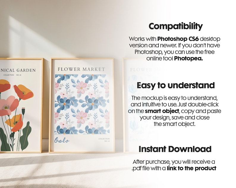 May include: Mockup of two framed floral prints with the titles "Botanical Garden" and "Flower Market". The prints are on a white surface with natural light shining through a window. The text "Oslo" is visible on the bottom of the "Flower Market" print.
