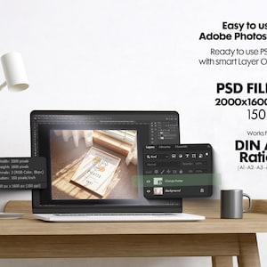 May include: A mockup of a laptop screen displaying a PSD file featuring a frame for a poster. The poster has a minimalist design with the word "PILASSO" in black text on a white background. The PSD file is 2000x1600 pixels and 150 DPI. It is designed to work for DIN A ratios, including A1, A2, A3, and A4.