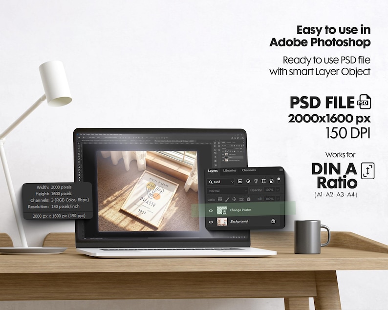 May include: A mockup of a laptop screen displaying a PSD file featuring a frame for a poster. The poster has a minimalist design with the word "PILASSO" in black text on a white background. The PSD file is 2000x1600 pixels and 150 DPI. It is designed to work for DIN A ratios, including A1, A2, A3, and A4.