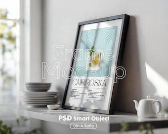 Kitchen Frame Mockup: DIN A Vertical Wood Frame (PSD Template)