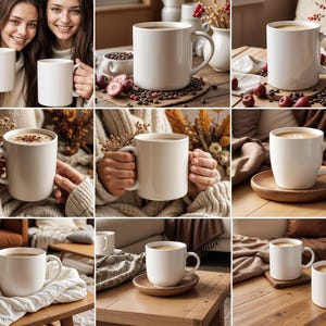 Peut inclure: Une collection de tasses en c&eacute;ramique blanche contenant diverses boissons, dont du caf&eacute;, du th&eacute; et du chocolat chaud. Les tasses sont dispos&eacute;es sur des tables et des surfaces en bois, certaines &eacute;tant d&eacute;cor&eacute;es d'&eacute;l&eacute;ments floraux et de feuilles.