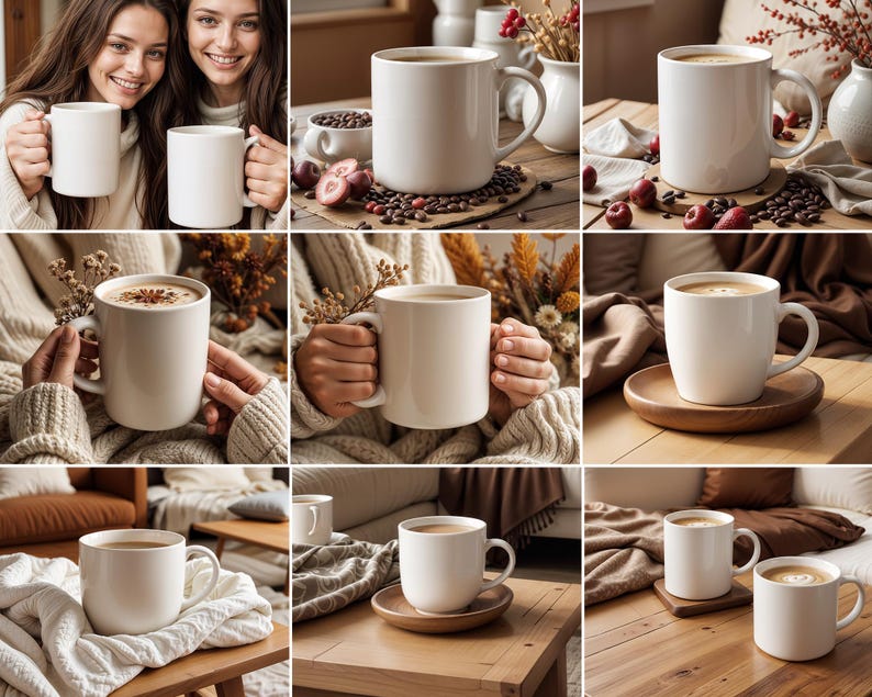 Peut inclure: Une collection de tasses en c&eacute;ramique blanche contenant diverses boissons, dont du caf&eacute;, du th&eacute; et du chocolat chaud. Les tasses sont dispos&eacute;es sur des tables et des surfaces en bois, certaines &eacute;tant d&eacute;cor&eacute;es d'&eacute;l&eacute;ments floraux et de feuilles.