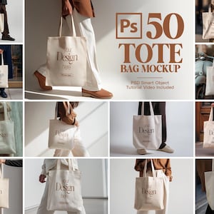 Könnte beinhalten: Eine Sammlung beiger Tragetaschen mit dem Text "Your Design Here" in verschiedenen Umgebungen. Die Taschen werden von Personen in unterschiedlichen Outfits gehalten. Das Bild enthält auch den Text "Ps 50 TOTE BAG MOCKUP".