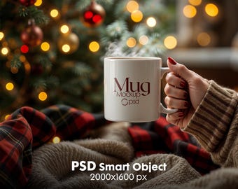 Christmas Mug Mockup PSD: Winter White 11oz Ceramic Coffee Cup (Digital Download)