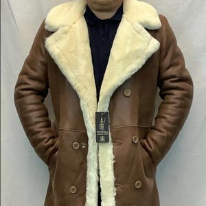 COGNAC 100% REAL Sheepskin Shearling Leather Long Trench Coat Jacket XS-8XL