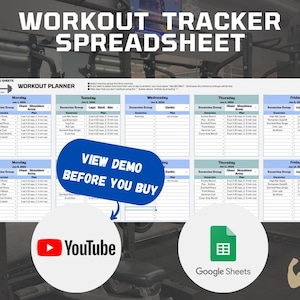 May include: A blue and white workout tracker spreadsheet template with the text "Workout Tracker Spreadsheet" and "Workout Planner" in a gym setting. The template is designed for Google Sheets and includes a view demo button and a YouTube link.