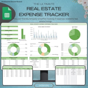 May include: A green, blue, and white pie chart shows a breakdown of property expenses. A green, blue, and orange pie chart shows a breakdown of category expenses. A green, blue, and white pie chart shows a breakdown of property costs. A spreadsheet with the title "Real Estate Listing Expense Tracker" shows a list of expenses by property, expenses by category, and property expense tracker.