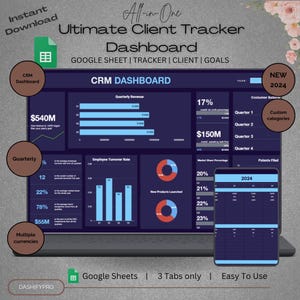 May include: A digital dashboard displayed on a laptop and a tablet, showcasing data visualizations. The dark blue interface includes charts, graphs, and financial metrics. Text includes "CRM Dashboard," "Quarterly Revenue," and "2024." The product is designed for Google Sheets.
