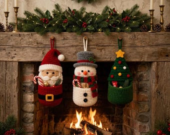 Modèle de sac à friandises de Noël au crochet, panier de Noël Père Noël Bonhomme de neige et sapin (PDF), décoration de Noël à suspendre, modèle numérique au crochet