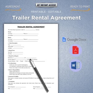Edytowalny wzór umowy najmu przyczepy, jednostronicowy formularz umowy najmu przyczepy, drukowana umowa dzierżawy przyczepy