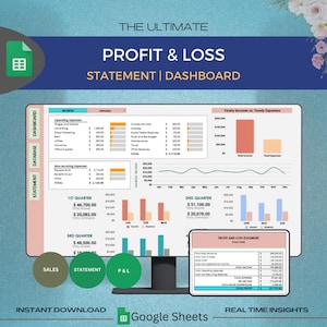 May include: A computer screen displaying a Google Sheets spreadsheet with a profit and loss statement dashboard. The dashboard includes a chart showing yearly income versus yearly expenses, a table with monthly expenses, and a table with quarterly income and expenses. The dashboard is titled "The Ultimate Profit & Loss Statement | Dashboard".