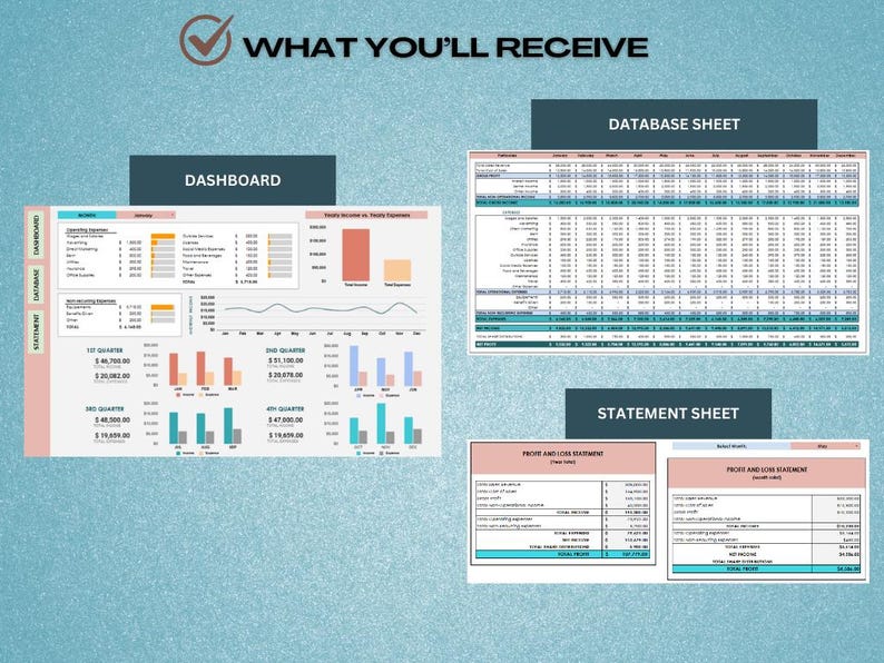 May include: A screenshot of a computer screen showing a dashboard with financial data, a database sheet, and a statement sheet. The dashboard shows a line graph, bar graphs, and tables with financial data. The database sheet shows a table with financial data. The statement sheet shows two tables with financial data.