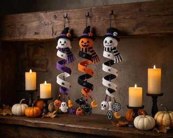 Modèle de crochet d'Halloween | Trio de squelettes et de citrouilles fantômes à suspendre | Décoration d'Halloween amigurumi | Modèle PDF d'ornement au crochet