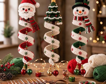 Ensemble de modèles de décorations de Noël au crochet | Père Noël, bonhomme de neige et décorations à suspendre pour sapin | Modèle PDF de décoration en spirale | Amigurumi