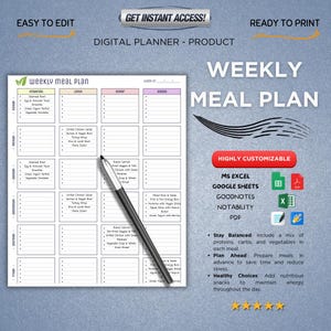 May include: A digital weekly meal plan template with sections for breakfast, lunch, dinner, and snacks. The planner is customizable and ready to print. A pen rests on the planner, which includes text such as "Stay Balanced" and "Healthy Choices."