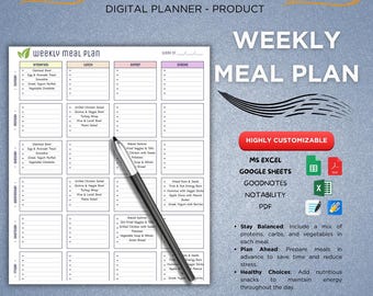 Wöchentlicher Menüplaner | Digitale Essensplanung | Druckbar Bearbeitbar | Meal Prep Tracker für Excel, Google Sheets, PDF, Good Notes & Notability
