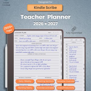 May include: A digital teacher planner designed for Kindle Scribe, covering the years 2026 and 2027. The planner includes lesson plans, schedules, and goal-setting sections. Features include daily, weekly, monthly, and yearly views, with over 2500 pages and fully hyperlinked content.
