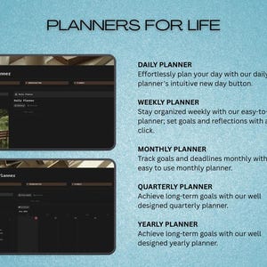May include: Image showcasing a digital planner interface with the text "PLANNERS FOR LIFE." Features include daily, weekly, monthly, quarterly, and yearly planning options. The interface is dark with a light blue background.