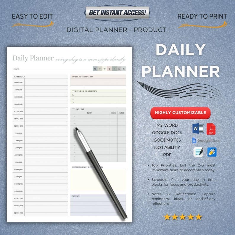 Planner Includes Daily Planner Printable Editable, Daily Schedule, Daily Planner A4, MS ...