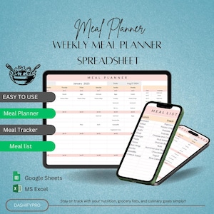 Weekly Meal Planner Spreadsheet Google Sheets Excel Recipe Journal Calorie Tracker Automatic Grocery List Weight Loss Tracker Food Inventory
