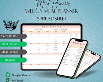 Planificador de comidas semanal Hoja de cálculo Hojas de cálculo de Google Excel Diario de recetas Seguimiento de calorías Lista de compras automática Seguimiento de pérdida de peso Inventario de alimentos