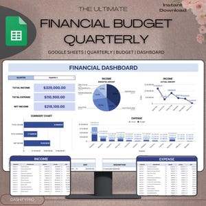 May include: A computer screen displaying a financial budget dashboard with a pie chart, bar graphs, and tables. The dashboard is titled "Financial Dashboard" and includes data for income, expenses, and net income. The dashboard is divided into sections for income, expenses, and a summary chart. The dashboard is designed for use with Google Sheets.