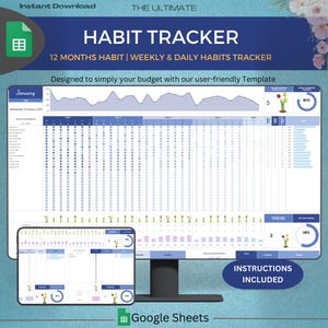 2025 Habit Tracker Spreadsheet Template for Google Sheets, Productivity Planner Spreadsheet, Daily Habit Tracker for ADHD, Goal Tracker