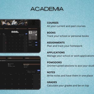 May include: Two digital tablets displaying a dark-themed academic planner interface. The word "ACADEMIA" is at the top. The interface includes sections for courses, books, assignments, applications, Pomodoro, notes, and grades. The background is a light blue gradient.