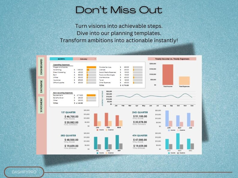 May include: A screenshot of a business dashboard with the text "Don't Miss Out" at the top. The dashboard shows financial data for four quarters, including income and expenses. The dashboard also includes a line graph showing yearly income versus yearly expenses.