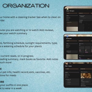 May include: A digital organization app interface with sections for home, movies, plants, books, pet care, and wardrobe. The app displays information on a tablet, with a light blue background and the word "ORGANIZATION" at the top.