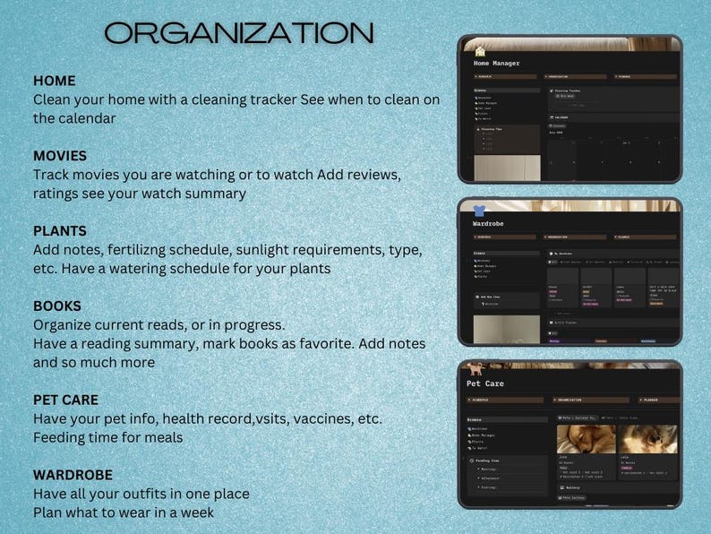 May include: A digital organization app interface with sections for home, movies, plants, books, pet care, and wardrobe. The app displays information on a tablet, with a light blue background and the word "ORGANIZATION" at the top.