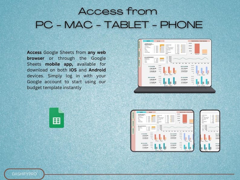 May include: A screenshot showing how to access a Google Sheets budget template from a computer, tablet, or phone. The text reads "Access from PC - MAC - TABLET - PHONE" and "Access Google Sheets from any web browser or through the Google Sheets mobile app, available for download on both iOS and Android devices. Simply log in with your Google account to start using our budget template instantly."