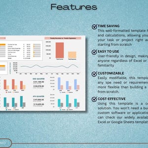May include: A colorful spreadsheet template with charts and graphs showing income and expenses. The template is customizable and cost-effective, making it easy to use for anyone.  The text on the template reads "Time Saving", "Easy to Use", "Customizable", and "Cost-Effective".
