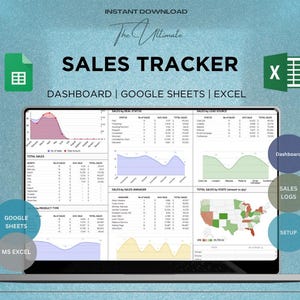 May include: A laptop screen displays a sales tracker dashboard with charts and data visualizations. The text "SALES TRACKER" is prominent, with options for Google Sheets and Excel. Additional labels include "Dashboard," "Sales Logs," and "Setup."