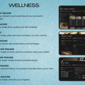 May include: A digital wellness tracker with a light blue background. The image displays a list of trackers, including skincare, sleep, workout, mood, medication, hydration, period, and habits. Three screens show examples of the trackers.