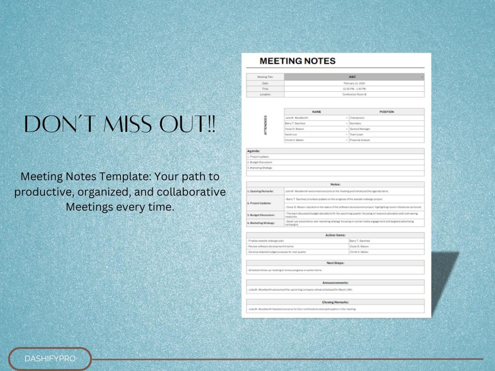 Meeting Notes Excel & Google Sheet Template | Agenda | Minutes | Action ...