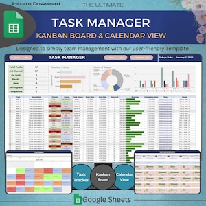 Rastreador de tarefas com quadro Kanban e modelo de planilhas do Google com visualização de calendário, gerenciamento de projetos de equipe, lista de tarefas de funcionários, gerente de projeto