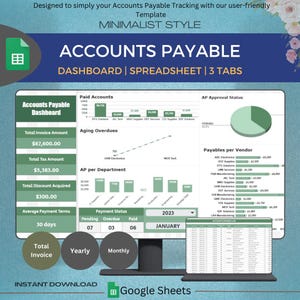 Könnte beinhalten: Eine grüne und weiße Google Sheets-Dashboard-Vorlage im minimalistischen Stil für die Verfolgung von Forderungen. Das Dashboard enthält Diagramme und Grafiken für bezahlte Konten, überfällige Forderungen, AP pro Abteilung, AP-Genehmigungsstatus und Forderungen pro Lieferant. Das Dashboard enthält außerdem einen Gesamtzahlungsbetrag von 67.600,00 €, einen Gesamtbetrag der Mehrwertsteuer von 5.383,00 €, einen Gesamtbetrag der erhaltenen Rabatte von 300,00 € und eine durchschnittliche Zahlungsfrist von 30 Tagen. Das Dashboard ist mit "Konten-Dashboard | Tabellenkalkulation | 3 Registerkarten" beschriftet.