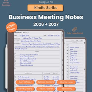 May include: A digital planner for Kindle Scribe featuring Business Meeting Notes for 2026 and 2027. The interface displays a meeting agenda, action items, and a schedule with blue handwritten text. It includes 2000+ pages, is fully hyperlinked, and offers sections for daily, weekly, monthly, yearly, project planning, and productivity.