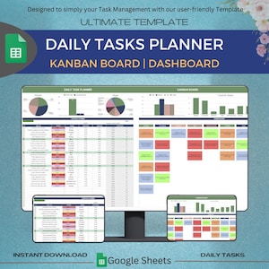 Peut inclure: Un écran d'ordinateur affichant une feuille de calcul Google Sheets avec un planificateur de tâches quotidien, un tableau Kanban et un tableau de bord. La feuille de calcul a un schéma de couleurs vert, bleu et gris. Le texte à l'écran indique "Planificateur de tâches quotidien", "Tableau Kanban" et "Tableau de bord".