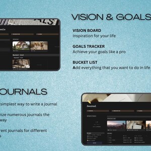 May include: Digital planning interface with the text "Vision & Goals" and "Journals". The interface includes sections for vision boards, goals trackers, and bucket lists. The journals section offers options for organizing and writing.
