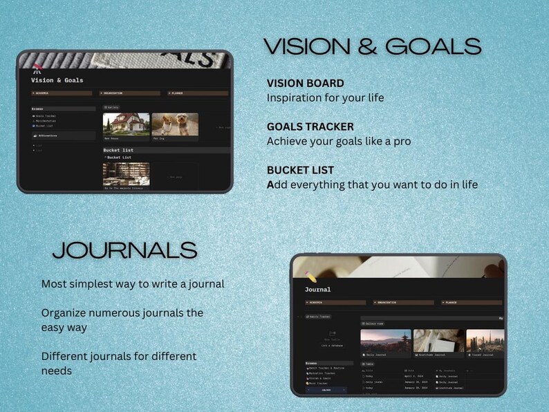 May include: Digital planning interface with the text "Vision & Goals" and "Journals". The interface includes sections for vision boards, goals trackers, and bucket lists. The journals section offers options for organizing and writing.