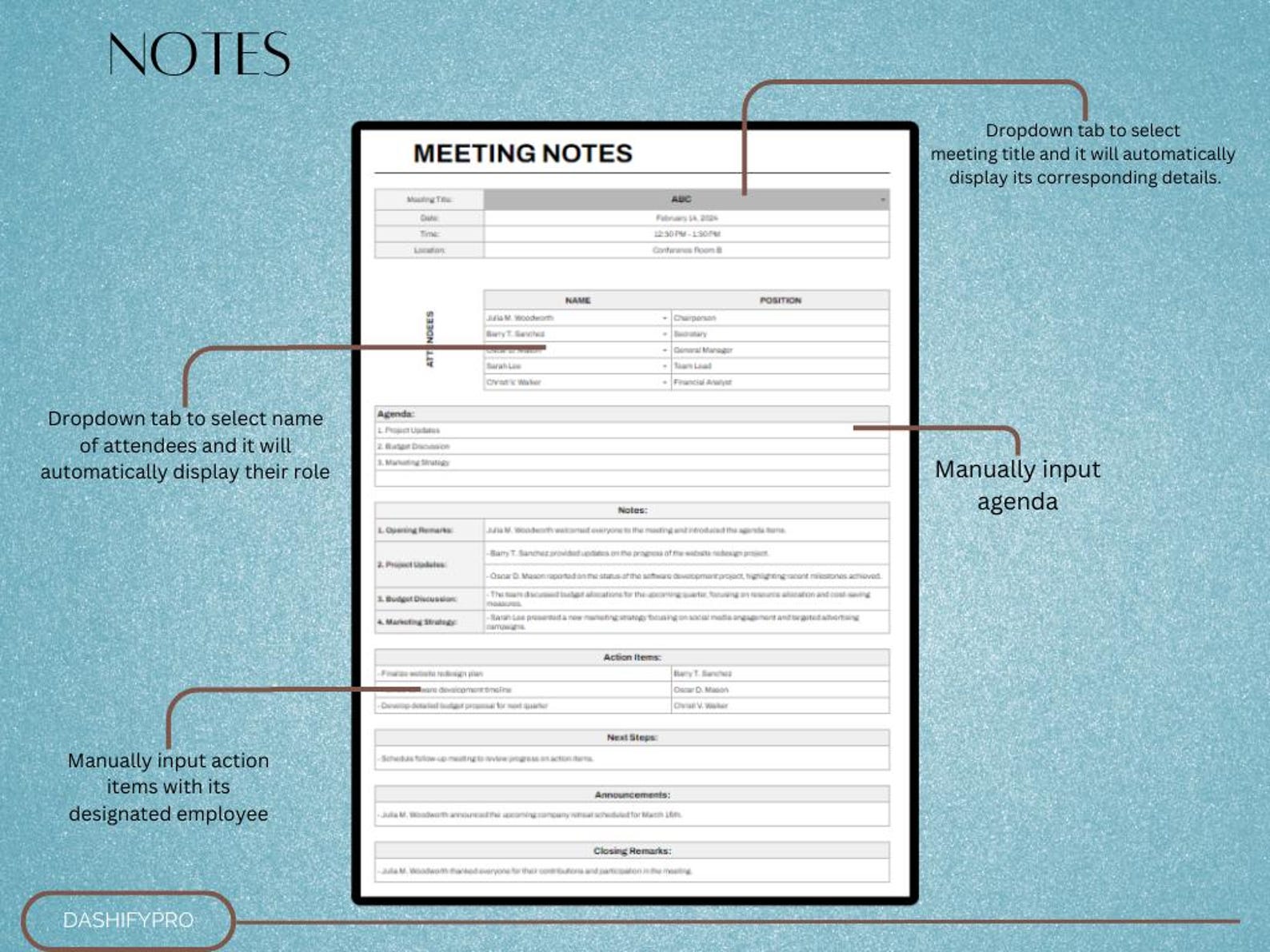 Meeting Notes Excel & Google Sheet Template | Agenda | Minutes | Action ...